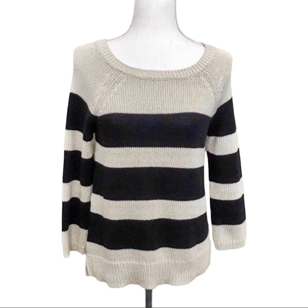 Ann Taylor Beige & Black Sweater Cozy Oversized Cotton Loose Knit Stripes